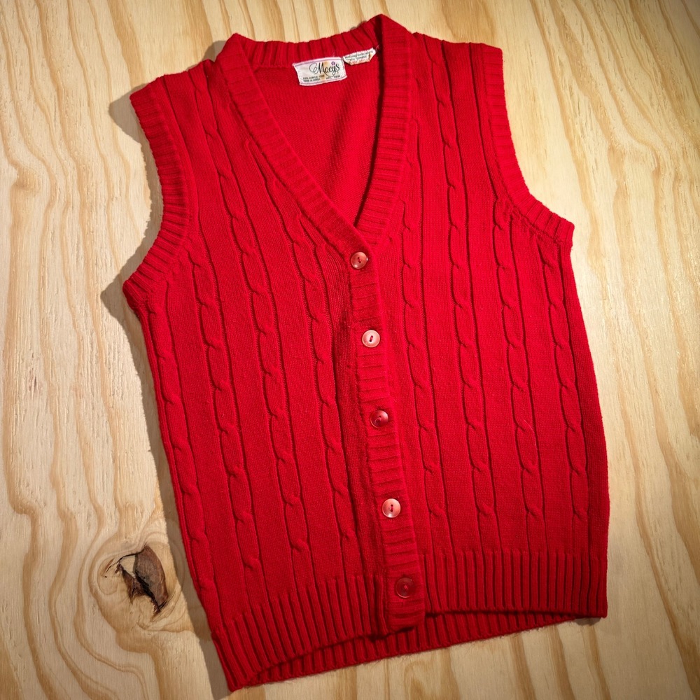 60s Macy's Women's Vintage Cable Knit Button Front Vest Sweater Red Cardigan S